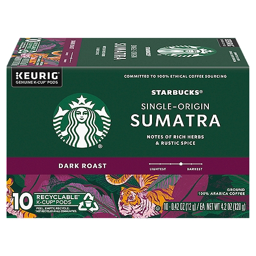 STARBUCK KCUP SUMATRA, 4.2 oz
Single-Origin Coffee Sumatra Dark Roast Ground Coffee K-Cup Pods

100% arabica coffee.

Tasting Notes
Earthy & Herbal
Full-bodied with a smooth mouthfeel and lingering herbal flavors. Amazing with savory foods.

The Starbucks® Roast
Each coffee requires a slightly different roast to reach its peak of aroma, acidity, body and flavor. We classify our coffees in three roast profiles, so finding your favorite is easy.

Like the lush Indonesian island of its origin, this spicy coffee stands alone. Full-bodied with a smooth mouthfeel, lingering flavors of dried herbs and fresh earth, and almost no acidity. Our roasters love transforming these unpredictable beans from dark coral green to tiger-orange to a rich, oily mahogany, revealing bold flavors that many of us can't live without. Coffee from Sumatra is the foundation of our most treasured blends, and something we've been honored to share with you for four decades.