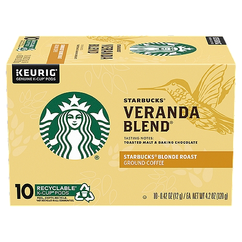 STARBUCK KCUP VERANDA, 0.42 oz, 10 count
100% Arabica Coffee.

The Story of Veranda Blend®
In Latin America, coffee farms are often run by families, with their own homes on the same land where their coffee grows. We've sipped coffee with these farmers for decades, sitting on their verandas, overlooking the lush beauty of the coffee trees rolling out in the distance. Most times it was a lightly roasted coffee like this one. It took us more than 80 tries to get it right—mellow and flavorful.