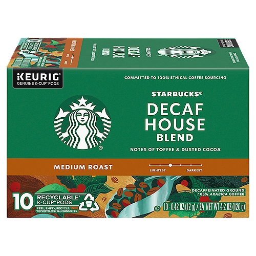STARBUCK KCUP DCF HSE, 4.2 oz
Starbucks Decaf House Blend Cocoa & Toffee Medium Roast Decaffeinated Ground Coffee

100% arabica coffee.

Aroma, body and flavor all in balance-with cocoa notes and a nutty sweetness brought out by the roast.
Each coffee requires a slightly different roast to reach its peak of aroma, acidity, body and flavor. We classify our coffees in three roast profiles, so finding your favorite is easy.

The Story of Decaf House Blend
It's deceptively simple. A blend of fine Latin American beans roasted to a glistening, dark chestnut color. Loaded with flavor, balancing tastes of nut and cocoa, just a touch of sweetness from the roast. This coffee is our beginning, the very first blend we ever created for you back in 1971. And this one blend set the course for the way our master blenders and roasters work even today. A true reflection of us and a delicious cup of coffee, period. It all starts from here.

The Starbucks Roast®

Each coffee requires a slightly different roast to reach its peak of aroma, acidity, body and flavor. We classify our coffees in three roast profiles, so finding your favorite is easy.