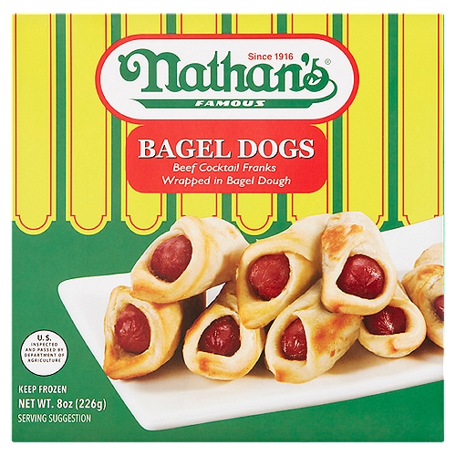 Nathan's Famous Bagel Dogs, 8 oz
Beef Cocktail Franks Wrapped in Bagel Dough