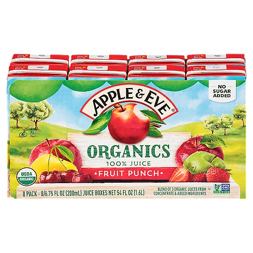 Apple & Eve Organics Fruit Punch 100% Juice, 6.75 fl oz, 8 count
Blend of 3 Organic Juices from Concentrate & Added Ingredients
