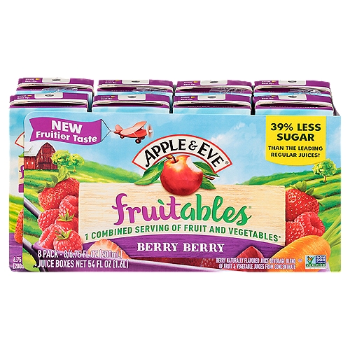 1/3 less sugar.  1 full serving of fruits & vegetables. All natural.  8 - 6.75 fl oz boxes.