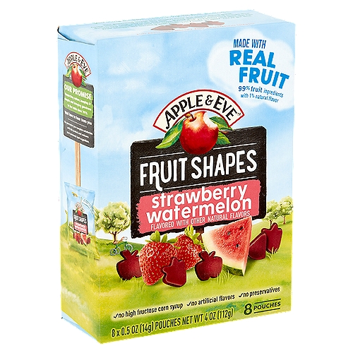 Apple & Eve Strawberry Watermelon Fruit Shapes, 0.5 oz, 8 count
You bring the love ... we'll bring the fruit goodness.
This parenting thing? Not always easy! But you're doing great. Come snack time, you're on the ball - giving your kids delicious snacks that deliver big smiles. Just like our 100% juices that you know and love, our fun Fruit Shapes are bursting with fresh, juicy taste. So relax. You've got this!