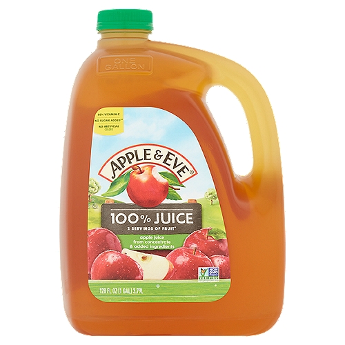 Apple & Eve Apple 100% Juice, 128 fl oz
Apple Juice from Concentrate & Added Ingredients

2 servings of fruit*
*One 8oz serving of 100% juice contains 2 servings of fruit according to the USDA Dietary Guidelines

No sugar added**
**Not a low calorie food - see nutrition facts panel for sugar and calorie content.