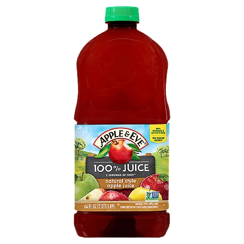 APPLE/EVE NAT APL JCE, 64 fl oz
Natural Style Apple Juice from Concentrate with Added Ingredients

No Sugar Added*
*Not a Low Calorie Food

2 Servings of Fruit**
**One 8oz Serving of 100% Juice Contains 2 Servings of Fruit According to the USDA Dietary Guidelines