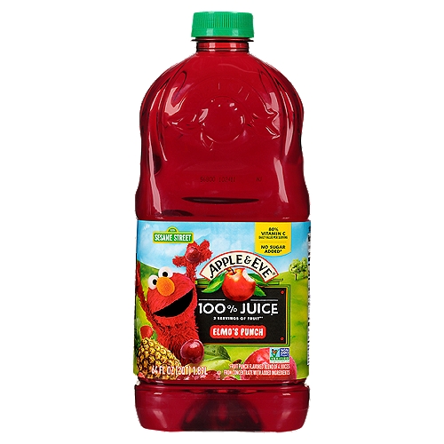 A/E SS ELMO'S PUNCH, 64 fl oz
Fruit Punch Flavored Blend of 4 Juices from Concentrate with Added Ingredients

No Sugar Added*
*Not a Low Calorie Food See Nutritional Facts Panel for Sugar and Calorie Content 

2 Servings of Fruit**
**One 8Oz Serving of 100% Juice Contains 2 Servings of Fruit According to the USDA Dietary Guidelines 
