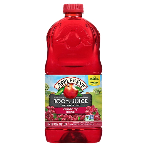 APPLE/EVE CRANBRY, 64 fl oz
Cranberry Flavored Blend of 3 Juices from Concentrate with Added Ingredients

No Sugar Added*
*Not a Low Calorie Food

2 Servings of Fruit**
**One 8Oz Serving of 100% Juice Contains 2 Servings of Fruit According to the USDA Dietary Guidelines