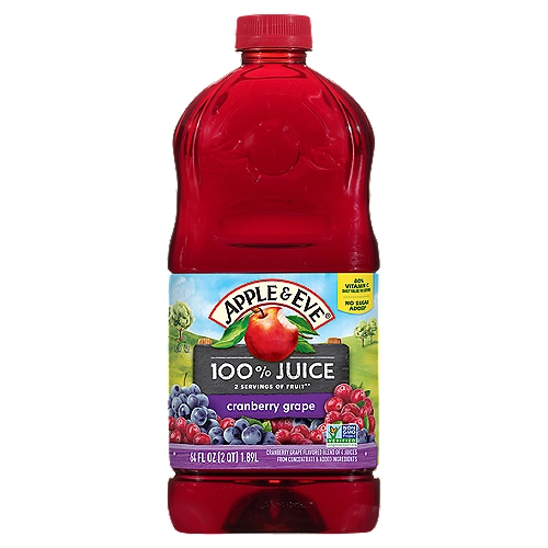 APPLE/EVE CRAN/GRAPE, 64 fl oz
Cranberry Grape Flavored Blend of 4 Juices from Concentrate & Added Ingredients

No Sugar Added*
*Not a Low Calorie Food

2 Servings of Fruit**
**One 8oz Serving of 100% Juice Contains 2 Servings of Fruit According to the USDA Dietary Guidelines