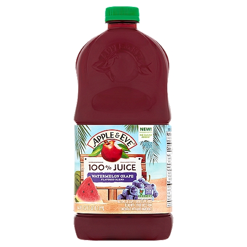 Apple & Eve Watermelon Grape Flavored Blend 100% Juice, 64 fl oz
Watermelon Grape Flavored Apple Juice Blend with 2 Other Juices from Concentrate with Added Ingredients

No Sugar Added*
*Not a Low Calorie Food

Get on Island Time!
Sip away to an exotic locale with our new 100% juice† tropical line-up. Using juice from only the finest grown fruits, our delicious combinations will have tastebuds dancing with joy. With no sugar added, getting 80% of your daily value of vitamin C is as easy as an island breeze.
†With Added Ingredients

One 8Oz Serving of 100% Juice Contains 2 Servings of Fruit According to the USDA Dietary Guidelines
