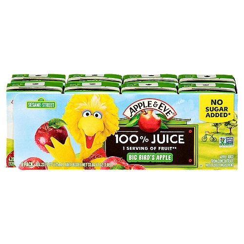 Apple & Eve Big Bird's Apple 100% Juice, 4.23 fl oz, 8 count
Apple Juice from Concentrate with Added Ingredient

1 Serving of Fruit**
** One 125Ml Serving of 100% Juice Contains 1 Serving of Fruit According to the USDA Dietary Guidelines

Our line of 100% juices† strike that perfect balance.
We only use juice from the finest grown fruits - All with 0% added sugar.
†With Added Ingredients