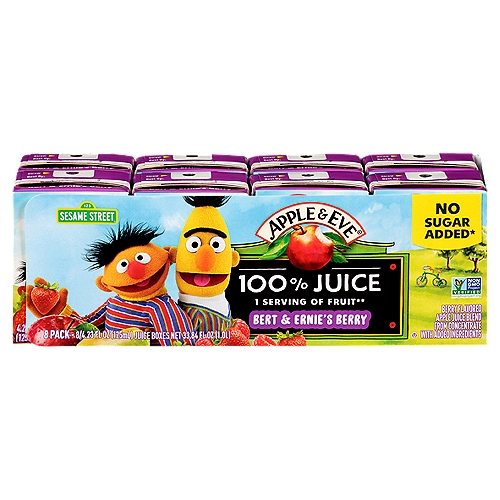 Apple & Eve Bert & Ernie's Berry 100% Juice, 4.23 fl oz, 8 count
Berry Flavored Apple Juice Blend from Concentrate with Added Ingredients

1 Serving of Fruit**
** One 125Ml Serving of 100% Juice Contains 1 Serving of Fruit According to the USDA Dietary Guidelines

Our line of 100% juices† strike that perfect balance.
We only use juice from the finest grown fruits - All with 0% added sugar.
†With Added Ingredients