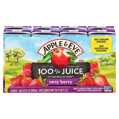 Apple & Eve Very Berry 100% Juice, 6.75 fl oz, 8 count
Berry Flavored Blend of 4 Juices from Concentrate & Added Ingredients

1 1/2 Servings of Fruit**
*One 200ml Serving of 100% Juice Contains 1 1/2 Servings of Fruit According to the USDA Dietary Guidelines