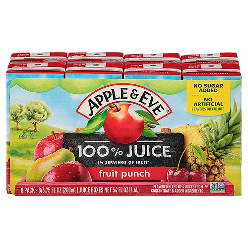 Apple & Eve Fruit Punch 100% Juice, 6.75 fl oz, 8 count
1 1/2 Servings of Fruit**
** One 200Ml Serving of 100% Juice Contains 1 1/2 Servings of Fruit According to the USDA Dietary Guidelines