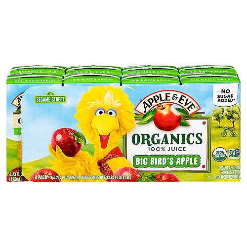 Apple & Eve Organics Big Bird's Apple 100% Juice, 4.23 fl oz, 8 count
Organic Apple Juice from Concentrate with Added Ingredients