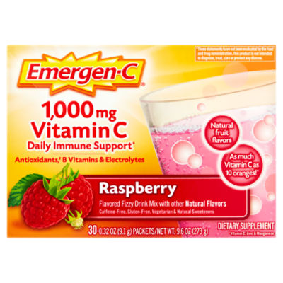 Emergen-C Vitamin C Raspberry Flavored Fizzy Drink Mix, 1,000 mg, 0.32 oz, 30 count, 9.6 Ounce