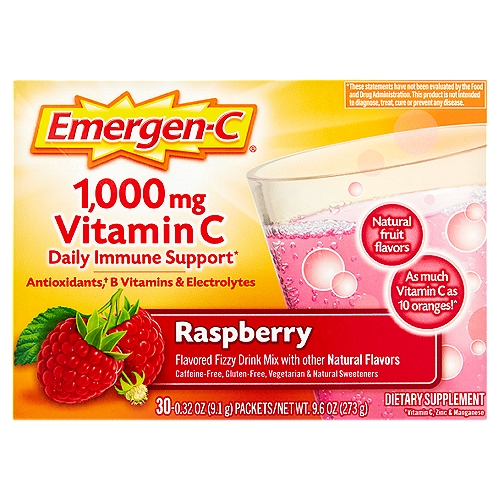 Emergen-C Vitamin C Raspberry Flavored Fizzy Drink Mix, 1,000 mg, 0.32 oz, 30 count
Dietary Supplement

Daily immune support*

Immune Support
1,000 mg of vitamin C plus other antioxidants zinc and manganese support your immune system.*

Energy
7 B vitamins including B1, B2, B3, B5, B6, B9 and B12 enhance energy naturally* without caffeine.

Electrolytes
Great for post-workout, replace key electrolytes lost through perspiration.*
*These statements have not been evaluated by the Food and Drug Administration. This product is not intended to diagnose, treat, cure or prevent any disease.

Antioxidants†, B vitamins & electrolytes
†Vitamin C, zinc & manganese

As much vitamin C as 10 oranges!^
^Based on the USDA.gov nutrient database for a large, raw orange

Naturally, It's Good for You!
It's sweet; it's nutritious; it's berry-licious. In other words, it really puts the razz in raspberry. With each sip, you can feel the essential nutrients flow through your body in a wave of Emergen-C® rejuvenation. If feeling good is your thing, you found the right box.