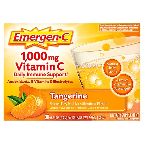 Emergen-C Vitamin C Tangerine Flavored Fizzy Drink Mix, 1,000 mg, 0.33 oz, 30 count
Tangerine Flavored Fizzy Drink Mix with Natural Flavors

Dietary Supplement

Antioxidants,† B vitamins & electrolytes
†Vitamin C, zinc & manganese

As much vitamin C as 10 oranges!^
^Based on the USDA.gov nutrient database for a large, raw orange

Daily immune support*

Immune Support
1,000 mg of vitamin C plus other antioxidants zinc and manganese support your immune system.*

Energy
7 B vitamins including B1, B2, B3, B5, B6, B9 and B12 enhance energy naturally* without caffeine.

Electrolytes
Great for post-workout, replace key electrolytes lost through perspiration.*
*These statements have not been evaluated by the Food and Drug Administration. This product is not intended to diagnose, treat, cure or prevent any disease.

Naturally, It's Good for You!
Sure, Tangerine is the slightly sweeter and slightly petite-er cousin of the orange. But it's always big on fruity goodness. With each sip, you can feel the essential nutrients flow through your body in a wave of Emergen-C® rejuvenation. If feeling good is your thing, you found the right box.