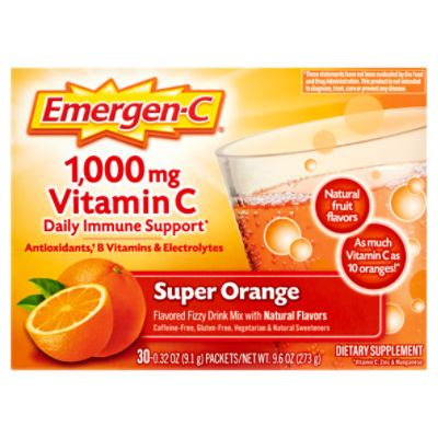 Emergen-C Vitamin C Super Orange Flavored Fizzy Drink Mix, 1,000 mg, 0.32 oz, 30 count, 9.6 Ounce
