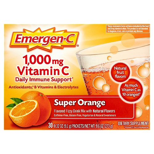 Emergen-C Vitamin C Super Orange Flavored Fizzy Drink Mix, 1,000 mg, 0.32 oz, 30 count
Super Orange Flavored Fizzy Drink Mix with Natural Flavors

Dietary Supplement

Antioxidants,† B vitamins & electrolytes
†Vitamin C, zinc & manganese

As much vitamin C as 10 oranges!^
^Based on the USDA.gov nutrient database for a large, raw orange

Daily immune support*

Immune Support
1,000 mg of vitamin C plus other antioxidants zinc and manganese support your immune system.*

Energy
7 B vitamins including B1, B2, B3, B5, B6, B9 and B12 enhance energy naturally* without caffeine.

Electrolytes
Great for post-workout, replace key electrolytes lost through perspiration.*
*These statements have not been evaluated by the Food and Drug Administration. This product is not intended to diagnose, treat, cure or prevent any disease.

Naturally, It's Good for You!
Bursting with all sorts of sunshine-y citrus deliciousness, it's no wonder we call it ''Super.'' With each sip, you can feel the essential nutrients flow through your body in a wave of Emergen-C® rejuvenation. If feeling good is your thing, you found the right box.
