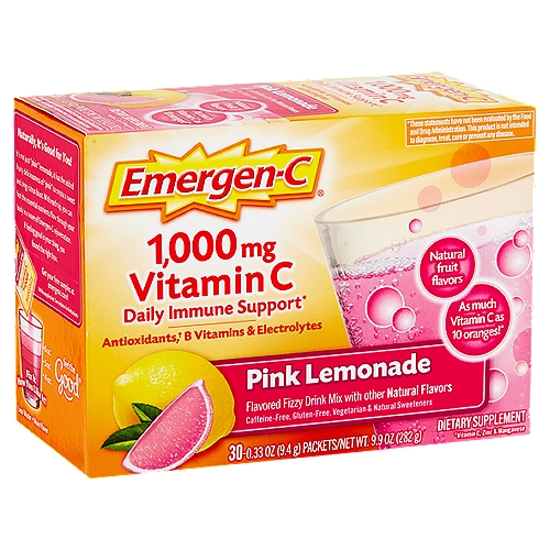 Emergen-C Vitamin C Pink Lemonade Flavored Fizzy Drink Mix, 1,000 mg, 0.31 oz, 30 count
Dietary Supplement

Daily immune support*

Antioxidants,† B vitamins & electrolytes
†Vitamin C, zinc & manganese

As much vitamin C as 10 oranges!^
^Based on the USDA.gov nutrient database for a large, raw orange

Naturally, It's Good for You!
It's not just ''plain'' lemonade, it has the added fruity deliciousness of ''pink'' to create a sweet and zingy citrus blast. With each sip, you can feel the essential nutrients flow through your body in a wave of Emergen-C rejuvenation. If feeling good is your thing, you found the right box.

Immune Support
1,000 mg of vitamin C plus other antioxidants zinc and manganese support your immune system.
Energy
7 B vitamins including B1, B2, B3, B5, B6, B9 and B12 enhance energy naturally* without caffeine.
‡Electrolytes
Great for post-workout, replace key electrolytes lost through perspiration.*
*These statements have not been evaluated by the Food and Drug Administration. This product is not intended to diagnose, treat, cure or prevent any disease.