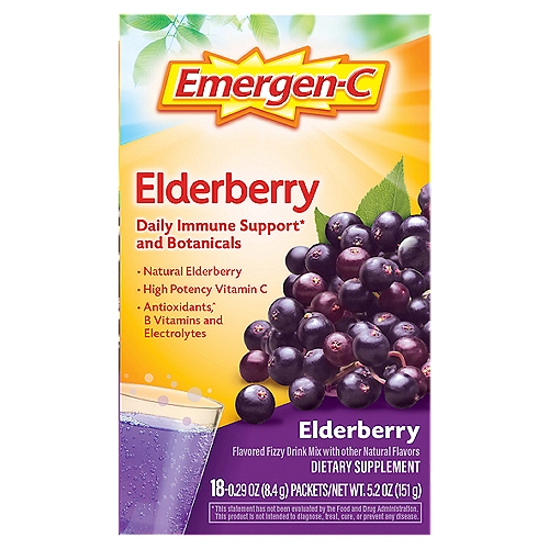 Emergen-C Elderberry Dietary Supplement, 0.29 oz, 18 count
Daily immune support* and botanicals

Antioxidants,^ B vitamins and electrolytes
^ Vitamin C, zinc and manganese

Your favorite fizzy drink mix has taken a botanical twist - infused with the goodness of natural elderberry!
Support your immune system with a daily dose of 250 mg vitamin C, and antioxidants zinc and manganese.*
You'll also get a boost of 7 B vitamins - to enhance energy naturally - and key electrolytes.*
All that goodness blended with a naturally flavored elderberry burst! Yum!
* This statement has not been evaluated by the Food and Drug Administration. This product is not intended to diagnose, treat, cure, or prevent any disease.