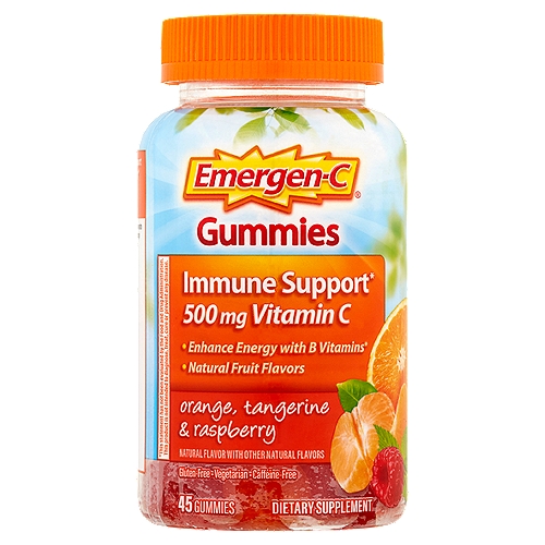 Emergen-C Orange, Tangerine & Raspberry Vitamin C Gummies, 500 mg, 45 count
Dietary Supplement

Immune support*

A delicious way to naturally support your immune system and energy*
• 500 mg vitamin C
• Enhance energy with B vitamins*
• Gluten-free, vegetarian & caffeine-free
*This statement has not been evaluated by the Food and Drug Administration. This product is not intended to diagnose, treat, cure or prevent any disease.