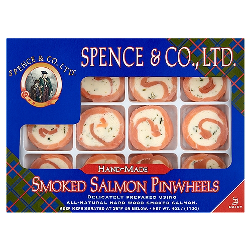 Spence & Company, Ltd. has taken its buttery soft, subtly smoky, Scottish-style smoked salmon and hand-rolled it with a fine herb cream cheese to produce a connoisseur's delight:  The Smoked Salmon Pinwheel .  Perfect as an hors d'oeuvre when served on a cucumber slice, your favorite cracker, as an accompaniment for a salad, or garnish for an entree. The recipes and uses are endless. Bon Appetit!  The carotenoid used in the feed of farm-raised salmon is identical to the natural carotenoid consumed by salmon in the wild and is the source of the color of this fish.