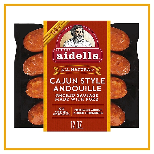 Chef Bruce Aidells Cajun Style Andouille Smoked Sausage, 12 oz
Aidells Cajun Style Andouille Smoked Pork Sausage Links are seasoned with a special Creole spice blend to add a Cajun kick to your meals. This cajun smoked sausage is gluten free and all natural, meaning that it contains no artificial ingredients. Aidells sausage is made with double-smoked pork. Cajun smoked pork sausage always packs a punch. Keep smoked andouille sausage refrigerated.