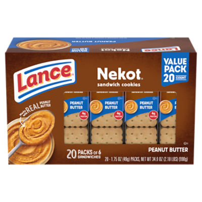 Lance Sandwich Cookies, Nekot Peanut Butter, 20 Individually Wrapped Packs, 6 Sandwiches Each