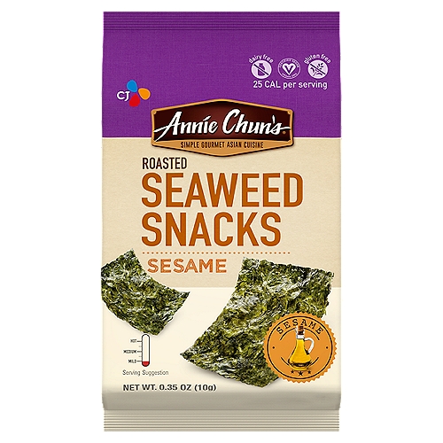 Annie Chun's Roasted Sesame Seaweed Snacks, 0.35 oz
Here's your chance to try a delicious new snack bursting with flavor and is gluten free that can satisfy your salty craving. Our Korean style seaweed snacks are roasted to perfection and seasoned with a dash of a salt and sesame oil, creating a savory experience that will delight your palette. Go ahead, indulge.