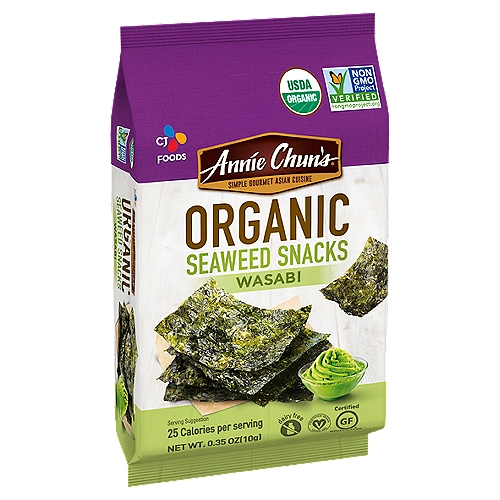 Annie Chun's Organic Wasabi Seaweed Snacks, 0.35 oz
Annie Chun's Organic Seaweed Snacks
Never feel guilty about snacking again!
These light and airy sheets of seaweed are lightly seasoned for a satisfyingly savory crunch.
They're irresistibly delicious - and they're gluten-free, dairy-free and vegan!