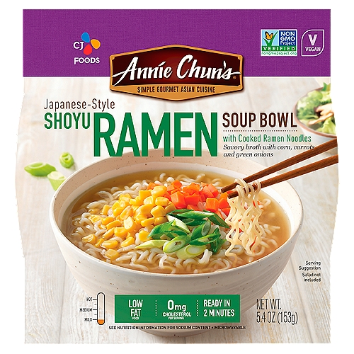 CJ Foods Annie Chun's Japanese-Style Shoyu Soup Bowl Ramen, 5.4 oz
Get ready to be instantly transported to an authentic ramen house. Our take on this popular soup blends savory vegetable broth with tender ramen noodles, green onions, carrots and corn. Delicious broth and perfectly cooked noodles, on your table in just 2 minutes.