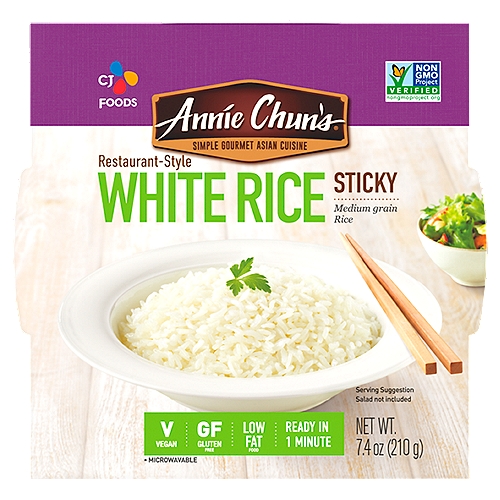 Annie Chun's Restaurant-Style Sticky White Medium Grain Rice, 7.4 oz
You're just a minute away from one of the true joys of Asian cuisine. Each bowl of our restaurant-style sticky rice is individually steamed for perfect texture and superior taste. Breakfast to dinner, at home or at the office, it's never been easier to enjoy deliciously sticky white rice.