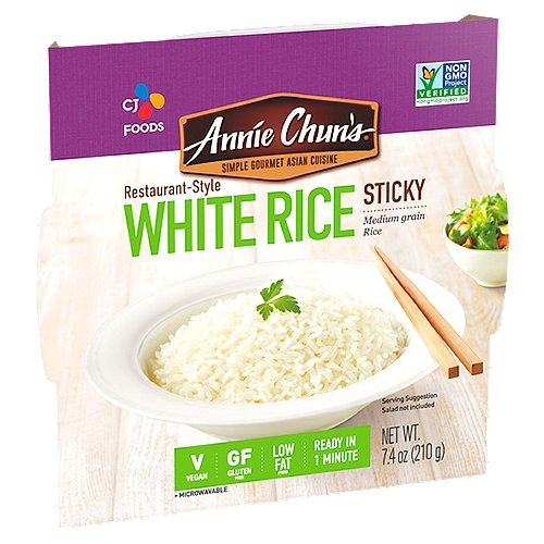 Annie Chun's Restaurant-Style Sticky White Medium Grain Rice, 7.4 oz
You're just a minute away from one of the true joys of Asian cuisine. Each bowl of our restaurant-style sticky rice is individually steamed for perfect texture and superior taste. Breakfast to dinner, at home or at the office, it's never been easier to enjoy deliciously sticky white rice.