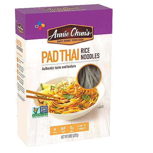 Annie Chun's Pad Thai Rice Noodles, 8 oz
Our special gluten-free Pad Thai Rice Noodles are ideal for making authentic Pad Thai. They're also fabulous in Asian stir-fries, savory noodle soups and chilled salads alike. Enjoy.