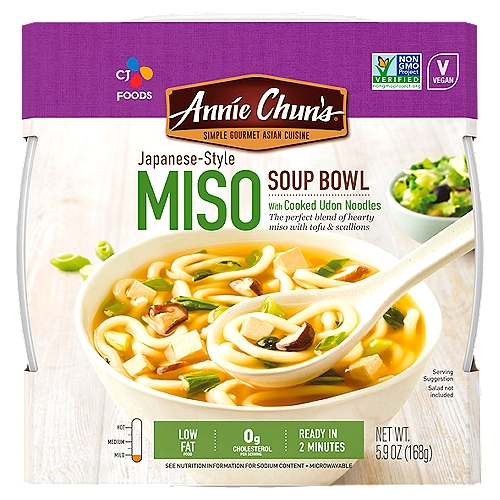Annie Chun's Japanese-Style Miso Soup Bowl, 5.9 oz
Get ready to feel the love of this genuine Japanese classic. Rich miso-the foundation of this favorite-gives it a deep and satisfying flavor. Paired with thick, hearty udon noodles, tofu and scallions, it's a truly delicious dish. Breakfast, lunch, dinner, at home or on the go, this comforting and savory soup feels like a warm hug from your best friend.