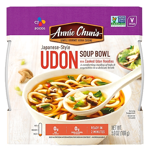 Annie Chun's Japanese-Style Udon Soup Bowl, 5.9 oz
A Comforting Medley of Tofu & Vegetables in a Delicate Broth

You're about to enjoy some classic Japanese comfort food. We've combined delicate Japanese-style broth with thick, hearty Udon noodles. Shiitake mushrooms, bok choy and tofu round out this Asian feel-good flavor bowl. It'll be ready in minutes, and you'll be completely nourished... body and soul.

It's Never Been Easier to Enjoy Gourmet Asian Cuisine
