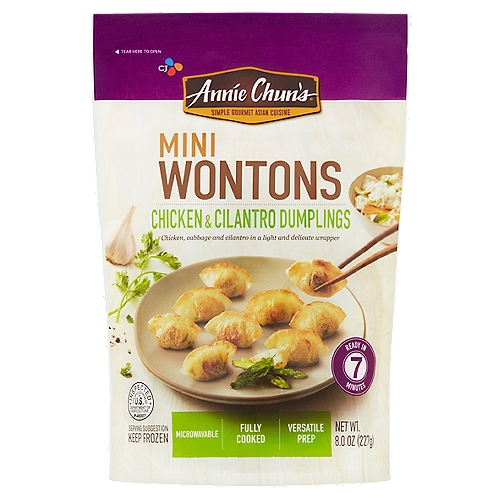 CJ Annie Chun's Chicken & Cilantro Dumplings Mini Wontons, 8.0 oz
Chicken, Cabbage and Cilantro in a Light and Delicate Wrapper

Annie Chun's Mini Wonton Chicken & Cilantro
Mini Wontons are wrapped in light, tender wrappers, these irresistible bite-size dumplings are fully cooked and easy to prepare. They're ready to enjoy as a snack, appetizer, side dish or in a savory soup.