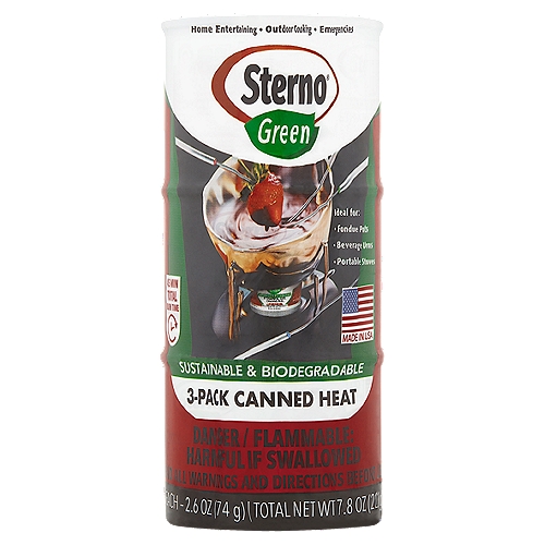 Sterno Green Sustainable & Biodegradable Canned Heat, 2.6 oz, 3 count
The Multi-Purpose Canned Heat!
• Safe and easy to use - burns clean, odor free
• Environmentally preferred, biodegradable
• Features Smart Can™ heat indicator