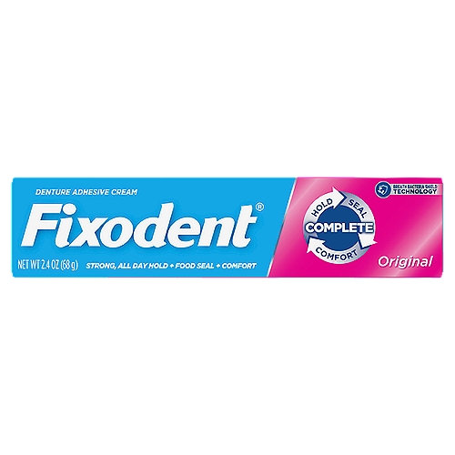 Fixodent Original Denture Adhesive Cream, 2.4 oz
Our most popular product, Fixodent Original, guarantees a great fit and a strong, long hold. Eat, drink, laugh, and talk with confidence when you use Fixodent Original. Clinically Proven in full denture wearers. Strong hold that lasts all-day:: Strong, All-Day Hold + Food Seal + Comfort. Promotes a more comfortable denture fit with a powerful seal to help prevent food from getting between dentures and gums. Formulated with Breath Bacteria Shield Technology. Comes in a recyclable carton. From the #1 Dentist Recommended Brand*. ADA Accepted. Experience Life, Not Dentures. *among dentists that recommend brands of adhesive