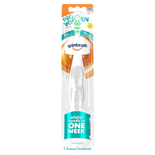 Spinbrush Pro Whiten Soft Bristles Powered ToothbrushnWhiter teeth in one week*n*when used with regular toothpastennErgonomic designnOur SoftSwitch power buttons are easy to turn on and help prevent water from getting inside your brush.nnColor Wear™ Bristle Technology