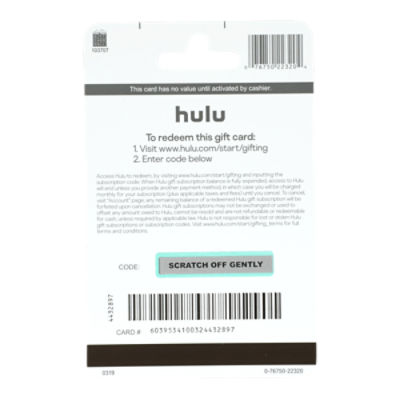 Hulu $50 Gift Card, 1 each