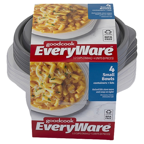GoodCook EveryWare Food Container 4-pack Set Small Bowls
This pack of four small bowl-shaped food storage containers is great for pre-prepped vegetables for salads or snacks, for made-ahead dips and sauces, and for freezing soup or stock for later use. Each container holds 3.2 cups and includes a sturdy, snug-fitting lid. The unique Click and Close lids let you hear that the lid is securely closed and leakproof, so there's no worry about spilling from a lid that's accidentally ajar. Not just for refrigerator storage, they're also perfect for taking food to work to share whether it's fruit to snack on or a salad for lunch. The domed lids mean you can use the full capacity of the container without having the lid compress or smash the food as it's pressed onto the container, and no worries about liquids squirting out the sides of an overfilled container. When empty, the containers nest compactly for easy storage, and when full they stack perfectly so they won't topple in the fridge. These handy containers are freezer safe, microwave safe with the lid removed, and dishwasher safe for simple cleaning. These are durable, long-lasting, and BPA free, and are recyclable when they're no longer needed.