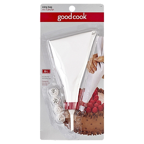 GoodCook Icing Bag with Tips, 6 count
Our Good Cook Everyday Icing Bag with Tips makes it simple to create pretty cakes and cupcakes. The reusable pastry bag is simple to clean, so there's no need to keep throwing away disposable bags. Four decorating tips (round, ruffle/basketweave, and two star sizes), along with a filling tip and coupler give plenty of options for creative baked goods. The tips screw on easily so it's easy to change tips in the midst of decorating, and the filler tips lets you inject flavorful fillings into baked goods.