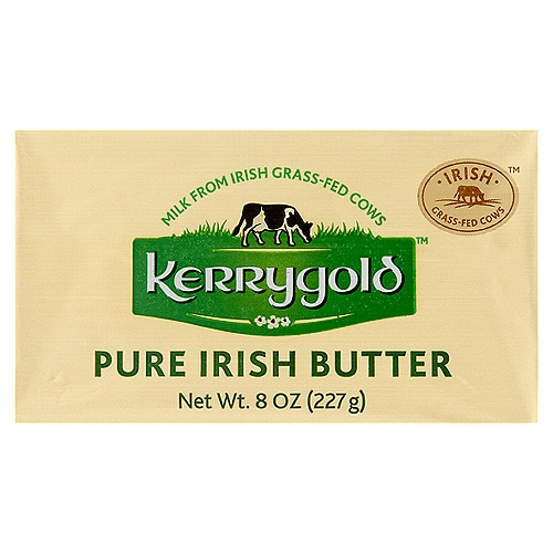 Kerrygold Pure Irish Butter, 8 oz
In Ireland, cows graze on the green pastures of small family farms. Their milk is churned to make Kerrygold® Pure Irish Butter.

Made with milk from grass-fed cows not treated with rBST or other growth hormones.*
*No significant difference has been shown between milk derived from rBST-treated and non rBST-treated cows.