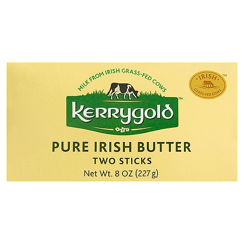 Kerrygold Pure Irish Butter, 2 count, 8 oz
In Ireland, cows graze on the green pastures of small family farms. Their milk is churned to make Kerrygold® Pure Irish Butter.

Made with milk from grass-fed cows not treated with rBST or other growth hormones*
*No significant difference has been shown between milk derived from rBST-treated and non rBST-treated cows.