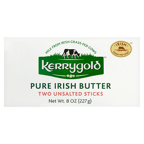 Kerrygold Unsalted Sticks Pure Irish Butter, 2 count, 8 oz
In Ireland, cows graze on the green pastures of small family farms. Their milk is churned to make Kerrygold® Pure Irish Butter.

Made with milk from grass-fed cows not treated with rBST or other growth hormones.*
*No significant difference has been shown between milk derived from rBST-treated and non rBST-treated cows.