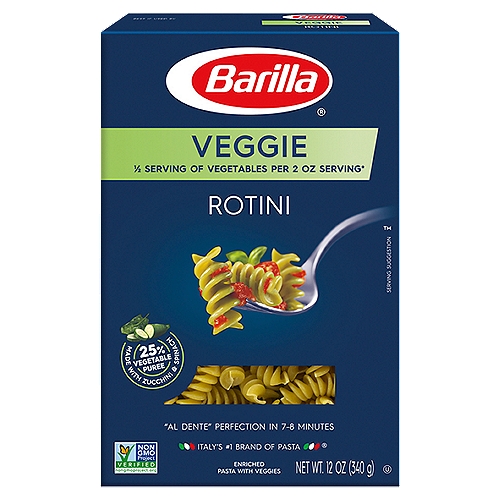Barilla Veggie Rotini Pasta, 12 oz
Enriched Pasta with Veggies

1 full serving of vegetables per 3.5 oz portion*
*The USDA MyPlate recommends a daily intake of 2.5 cups of vegetables for a 2,000 calorie diet.

Discover the Goodness of Vegetables
Made of 25% puree from real zucchini and spinach
Provides wholesome veggies in every bite
Delicious taste & texture