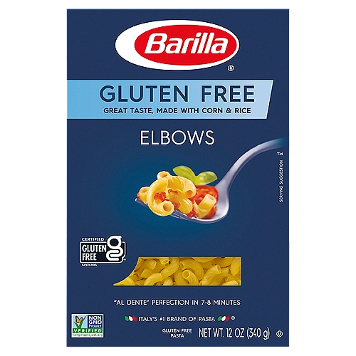 Barilla Gluten Free Elbows Pasta, 12 oz
Barilla Gluten Free Elbows Pasta is a certified gluten free pasta made with non-GMO corn and rice for a classic pasta taste and texture your family will love. Elbow pasta, also known as ''gomiti'' in Italian, is named for its twisted tubular shape and originated in Northern and Central Italy, where they are traditionally used in soups. Barilla Gluten Free Elbows Pasta are ridged with an extra twist, for a more sophisticated shape that helps hold pasta sauce. This fun shape is perfect for macaroni and cheese, a summer pasta salad, baked pasta dishes, or tossed with your favorite dairy pasta sauce (like butter and cheese) or tomato pasta sauce. You can feel good about including our delicious gluten free pasta in your favorite pasta recipes. Produced on a dedicated gluten free production line, Barilla gluten free pasta is a pasta the whole family can enjoy.