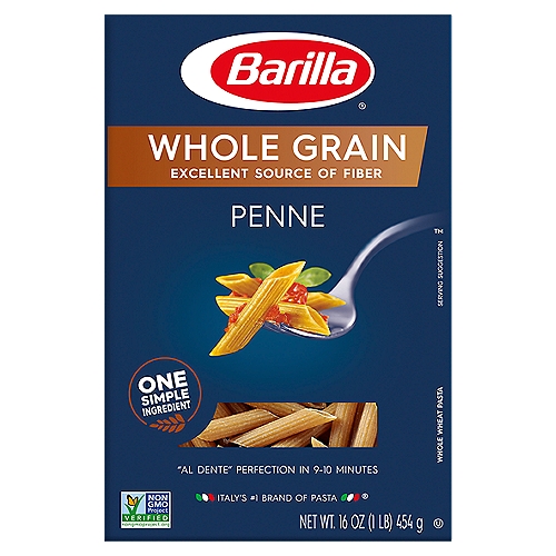 Barilla Whole Grain Penne Pasta, 16 oz
Whole Wheat Pasta

Delicious in Every Bite.
Barilla Whole Grain pasta has a delicious flavor and ''al dente'' texture, making it the perfect pairing for any meal. With the great taste and quality you have come to expect from Italy's #1 pasta brand, you can make every meal into something special.